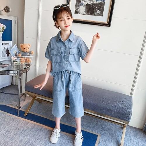2021 summer childrens short-sleeved 7-point library of sports and leisure wear big boys denim two-piece clothes foreign trade c