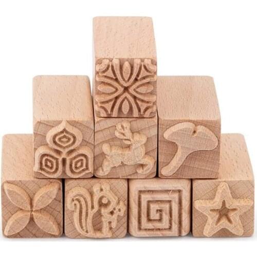 8PCS Wood Pottery Tools Stamps Square Wooden Stamps Natural Wood Stamps with Mixed Patterns for Clay Birthday Gift