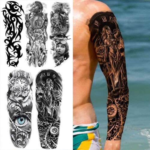 Black Compass Samurai Temporary Tattoos Sleeve For Men Women Fake Aviator Demon Eye Totem Rose Tattoo Sticker Big Full Arm Tatoo