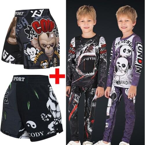 Kids Boxing Set Jerseys Sport shorts Rashguard MMA T shirt+Pants Jiu Jusit Long Sleeve Tight Trousers Children BJJ Boy Sportsuit