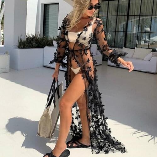 Musuos Summer Women Beach Kimono Cardigan Tops Sexy Sheer Mesh 3D Butterflies Tie Perspective Beachwear Bathing Blouse Shirt