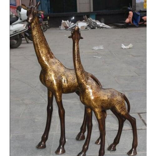 33" Unique Marked China Bronze Gilt Double Sika Deer Kid Giraffe Pair Statue