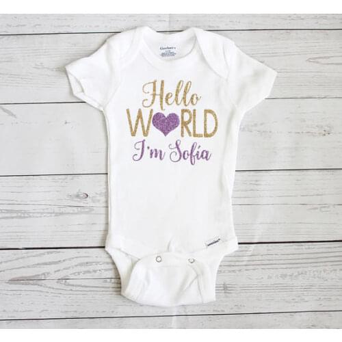 Csutom name HELLO WORLD birthday baby bodysuit onepiece romper Outfit Take Home toddler shirt baby shower New Year party favors