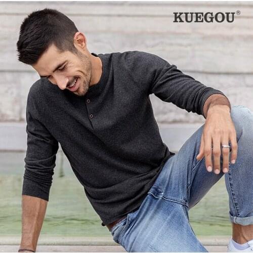 Kuegou 2020 Autumn Cotton Plain Black Button Sweater Men Pullover Casual Jumper Male Brand Knitted Korean Style Clothes 32020