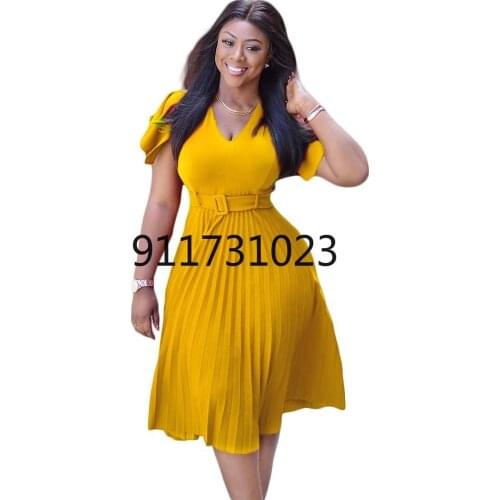 Summer African Dresses for Women 2021 New African Women V-neck Short Sleeve Solid Color Dress African Clothes Women