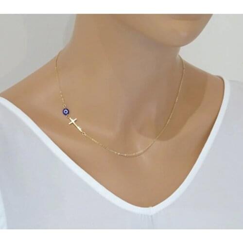 Tiny Evil Eye Simple Sideways Cross Necklace Dainty Pendant Necklace Celebrity Inspired Chain Necklace Bijoux Collar Jewelry