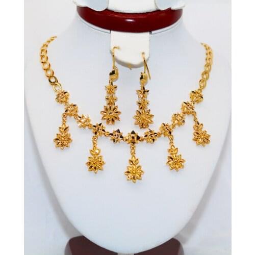 Conjuntos de joias etíopes africanas 24k ouro para mulheres presentes de casamento dubai noiva colar brincos anel conjunto colar