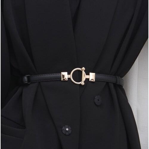 Fashion Gold Circle Buckle Thin Belts Women Adjust Design Thin Waistbands All-match Dress Punk Faux Leather Female Cummerbunds