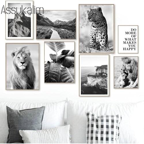 Black And White Poster Mountain Landscape Wall Art Print Lion Leopard Canvas Painting Nordic Wall Pictures For Living Room Decor