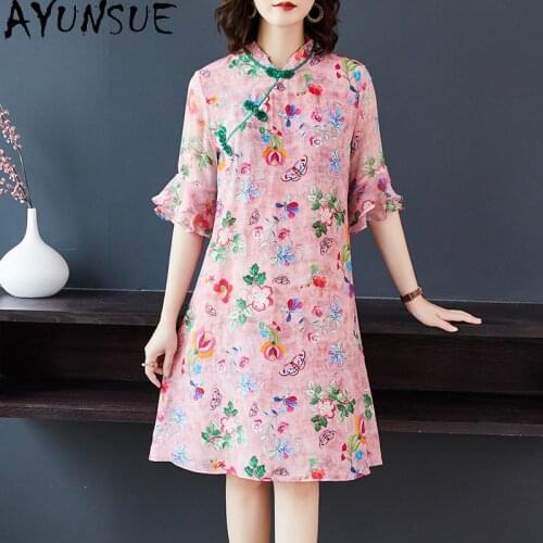 AYUNSUE Spring Summer Dress Women Vintage Floral Elegant Dress Female Cheongsam Immitation Silk Dresses Vestido De Mujer KJ6763