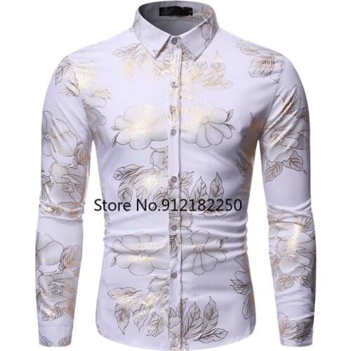 White Bronzing Floral Shirt Men Chemise Homme 2021 Brand Mens Casual Button Down Dress Shirts Long Sleeve Shirt Man Social Shirt