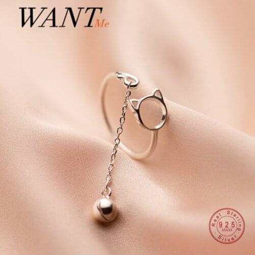 WANTME Real 925 Sterling Silver Cute Sweet Kitten Bead Link Chain Open Finger Ring for Women Korean Romantic Party Jewelry Gift