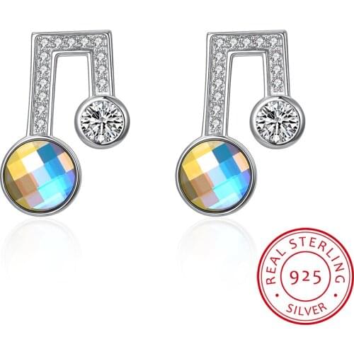 925 Sterling Silver Fine Jewelry Fashion Small Music Note Stud Earring Crystal Gift For Girls Kid Lady Women