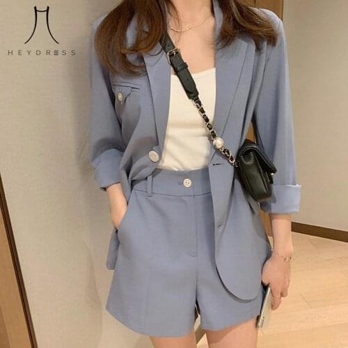 HEYDRESS Office Lady Vintage Blazers+Shorts 2 Pieces Summer Fashion Suits Hepburn Small Fragrance Korean Version Blazers Sets