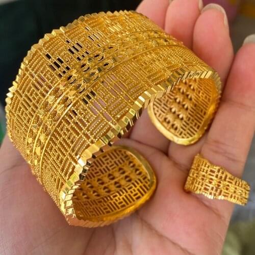 Middle East Bracelet for Women 24k Gold Color Wide African OL India Bangles with ring Dubai Bridal Wedding Banquet Gifts