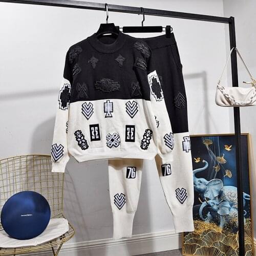 Fashion Patchwork Knitted Set Women Tracksuits Embroidery Sweater Pencil Pants Two Piece Outfits Female Loose Sports Knit Suit