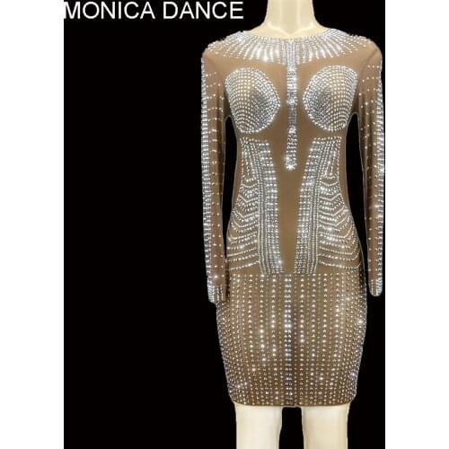 Women Shining Rhinestones Mesh Long Sleeve Short Dress Wedding Birthday Celebrate Prom Party Dress Singer Performance Show Wear