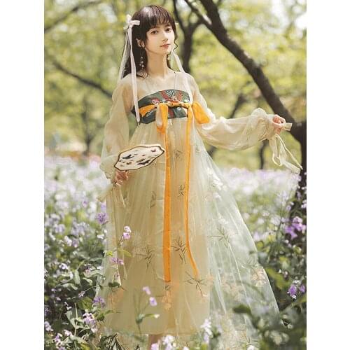 Summer New Style Chinese Style Retro Womens Lantern Sleeve Dress Literary Girl Style Mesh Embroidered Mid-Length Dress