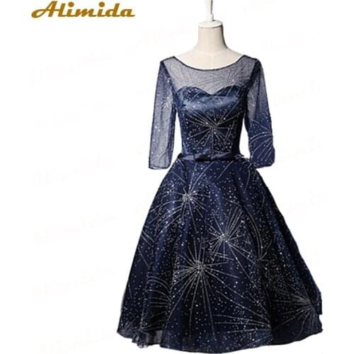 ALIMIDA Short Evening Dress 2020 Sequins Banquet Party Dress Illusion O-Neck Formal Prom Dresses Full Sleeverobe de soiree