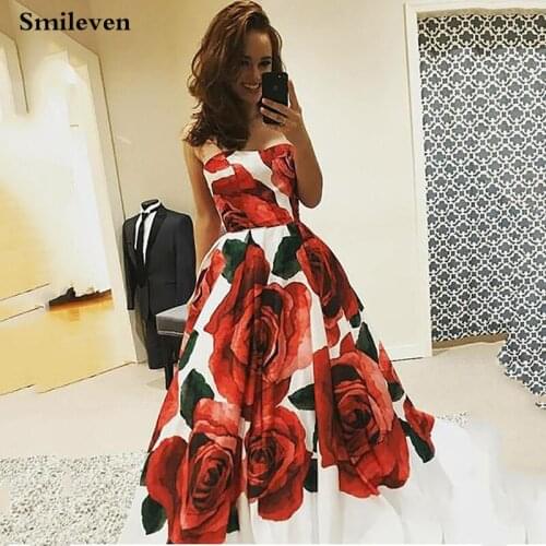 Smileven Strapless printing Rose Flowers Prom Gowns Sexy Sleeveless Party Dress Arabic Robe De Soiree Strapless Evening Gowns