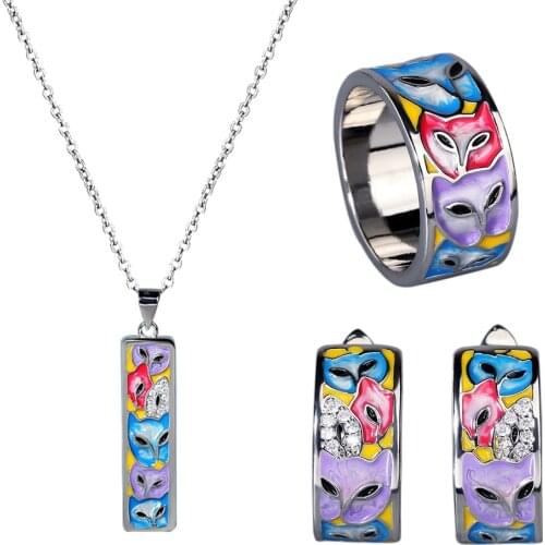 2021 Jewelry Set Exquisite Handmade Enamel Cat Face Shape Jewelry Pendant Ring Earrings Womens Jewelry Set Silver 925 Jewelry