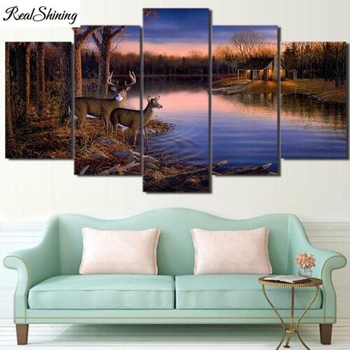 5 Pcs 5d diy diamond embroidery full Square round Deer Lake Landscape Sunset mosaic Diamond Painting Cross Stitch Multiple,N1138