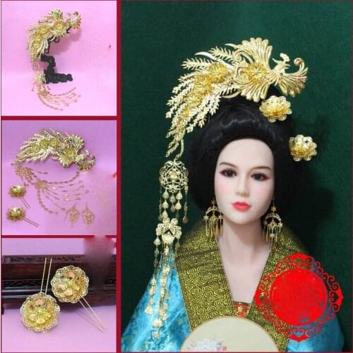 A242 Big Phoenix Flying Through Peony Empress Hair Accessory Set Long Tassel Hair Sticks Big Phoenix Tiara Hair Jewelry Set