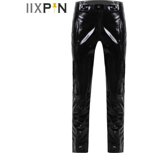 MensLingerie Crotchless Pants Zipper Nightclub Bar Stage Performance Erotic Sexy Costumes Wet Look Patent Leather Trousers