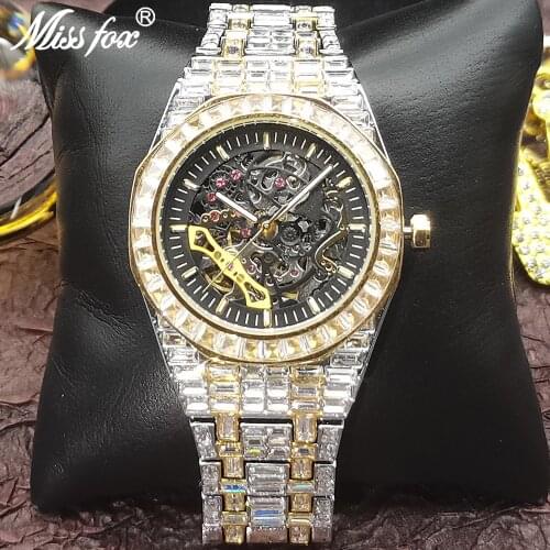 Top Hip Hop MISS FOX Hollow Mens Watches Automatic Mechanical Watch Iced Out Fashion Gold Diamond Male Luxury Tourbillon Clocks