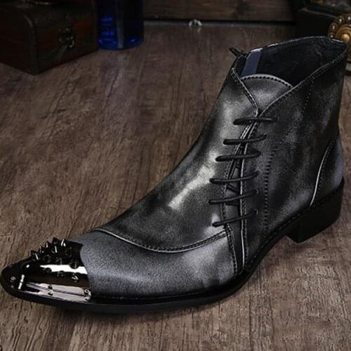 Christia Bella Gray Men Metal Pointed Toe Zipper Short Boots Mens Fashion Genuine Leather Ankle Boots Male Party Prom Boots