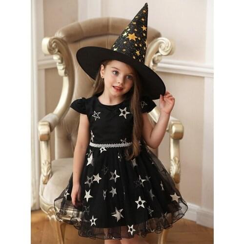 Children Costume 2021 New Halloween Christmas Holiday Performance Dress Cosplay Girl Cute Five-pointed Star Dress and Hat