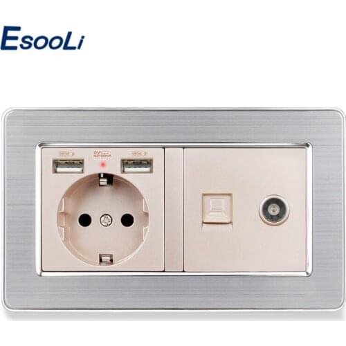 ESOOLI Stainless Steel Panel EU Standard Electric Socket with 2 USB + RJ45 Internet Jack and Television Port Power Outlet