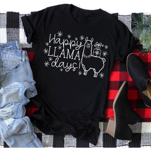 Happy Llama Days 100% Cotton T-shirt Fashion Womens Christmas Holiday Gift Tshirt Outfit Winter Short Sleeve Graphic Tees Tops
