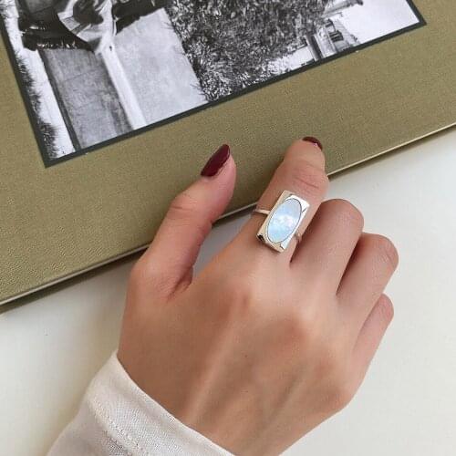 Authentic 925 Sterling Silver Jewelry Oval Shell &Rectangle Geometric Band ring Long Adjust TLJ1577