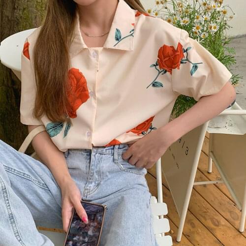HOUZHOU Summer Vintage Chic Blouse Woman New Collection 2021 Short Sleeve Oversize Korean Style Beautiful Floral Shirts Female