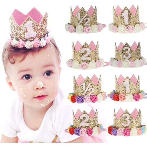 Cute Toddler Baby Girl Boy Headband Flower Crown Kids 1st Birthday Party Hair Accessories Glitter Tiaras Princess Girls Headwear