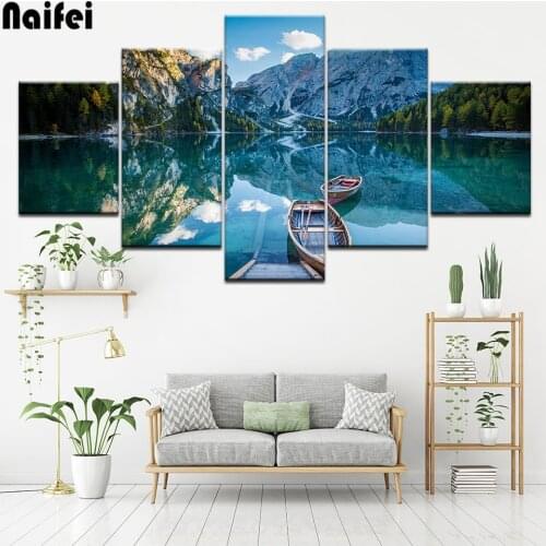 Full square diy Diamond embroidery 5 Pieces Mountain Lake Ship And Blue Sky White Cloud Scenery Cross stitch 5d diamond painting