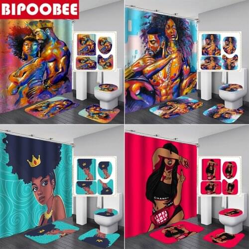 Afro Lover Bathroom Shower Curtain Set African American Girl Non-Slip Rugs Toilet Lid Cover Mat and Bath Curtains with 12 Hooks