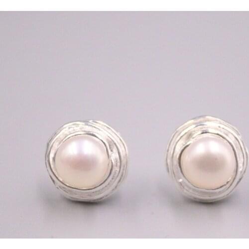 Genuine Real 925 Sterling Silver with Round Mother of Pearl Stud Earrings 0.47inch Width
