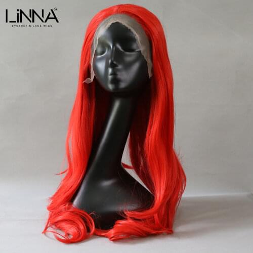 LINNA Red Synthetic Lace Front Wigs Long Wavy Natural Hairline High Temperature Fiber Wigs Natural Hairline Lolita Cosplay Wigs