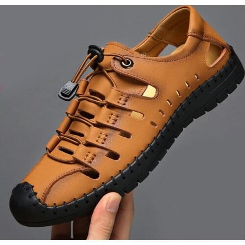 Hollow elastic band summer shoes men sandals solid breathable hommes chaussures genuine leather sewing sandals mens shoes