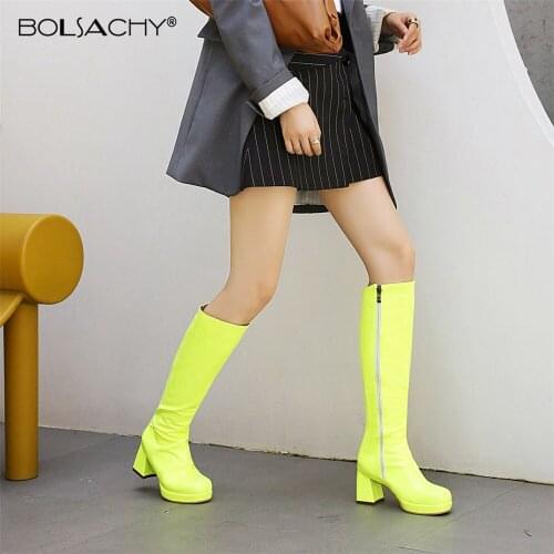 2021 New Hot Women Knee High Boots Candy colors Patent Leather Waterproof Knee High Boots Party Fetish Boot Womens Shoes Autumn
