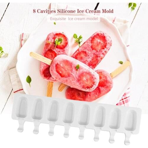 8 Cavity Ice Cream Silicone Mold DIY Molds Ice Cube Moulds Ice Cream Maker Dessert Molds Tray With Popsicle Thick material