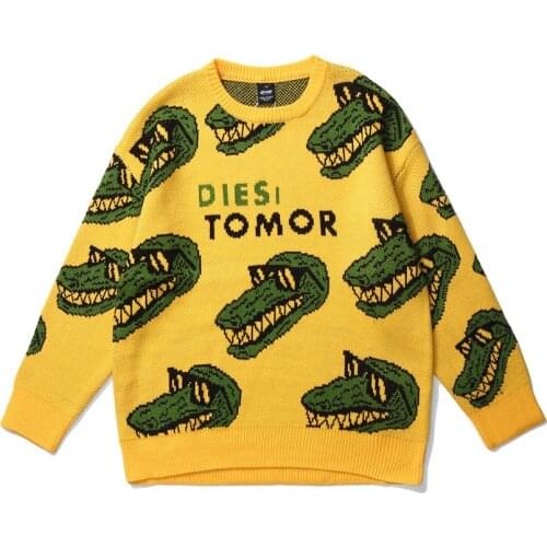 EukaaRu Cartoon Dinosaur Sweater Men Streetwear Winter Clothes Loose Round Neck Sweater Women Oversized Hip Hop Sweater Pullover