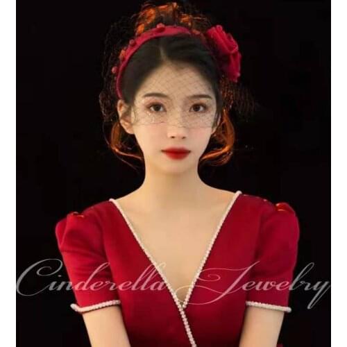 Red Handmade Pearls Veil for Women Wide Big Rose Handwear Satin Face Black Mesh Fishnet for Wedding Bridal Jewelry Accessory