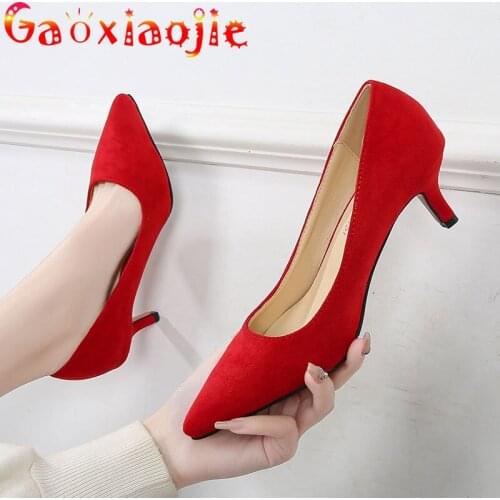 Gaoxiaojie 2021 New Female Concise Office Fashion Pointed Toe Pumps 5CM Women Party Shoes High-Quality Flock High Heels Size 43