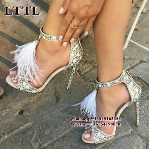 New White Suede Crystal Embellished Sandals Feather Tassel Gladiator Sandals Women Shoes High Heels Pumps Ladies Stiletto