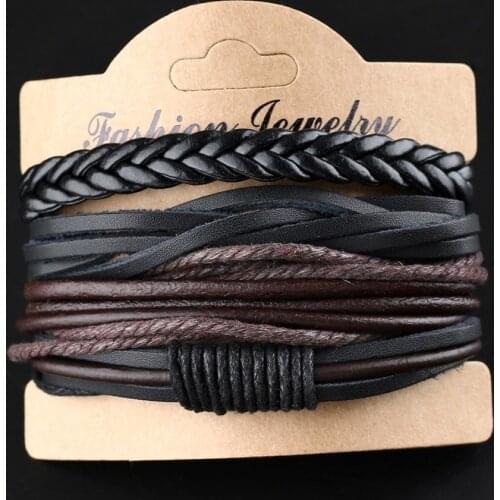 4 Pieces/set of 2021 Fashion Retro Black Brown Multi-layer Leather Bracelet Charm Hand-woven Winding Bracelet for Ladies Jewelry