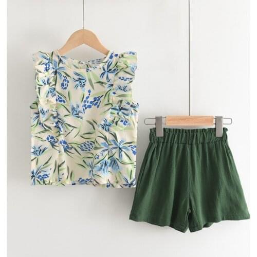 Girls Fungus Print Blouse Green Cotton and Linen Shorts Fashion Two-piece Suit Toddler Girl Clothes Baby Clothes Fashion Clothes