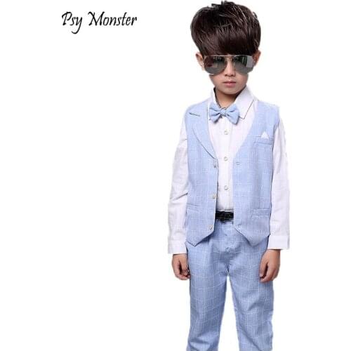 Brand Flower Boys Summer Formal School Suit Baby Kids Shirt Vest Pants Tie 4Pcs Wedding Birthday Party Clothing Set Tracksuit N6